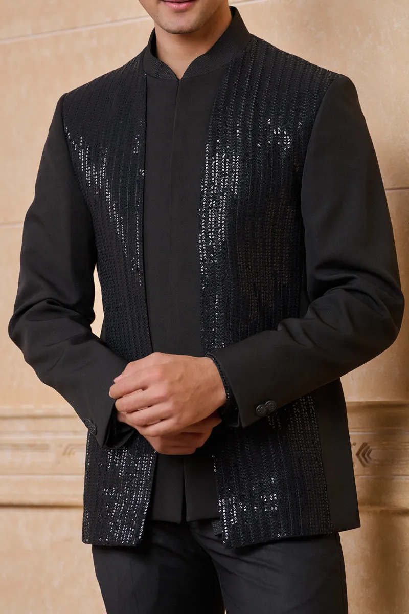 Black Crepe Bandhgala With Embroidered Panels