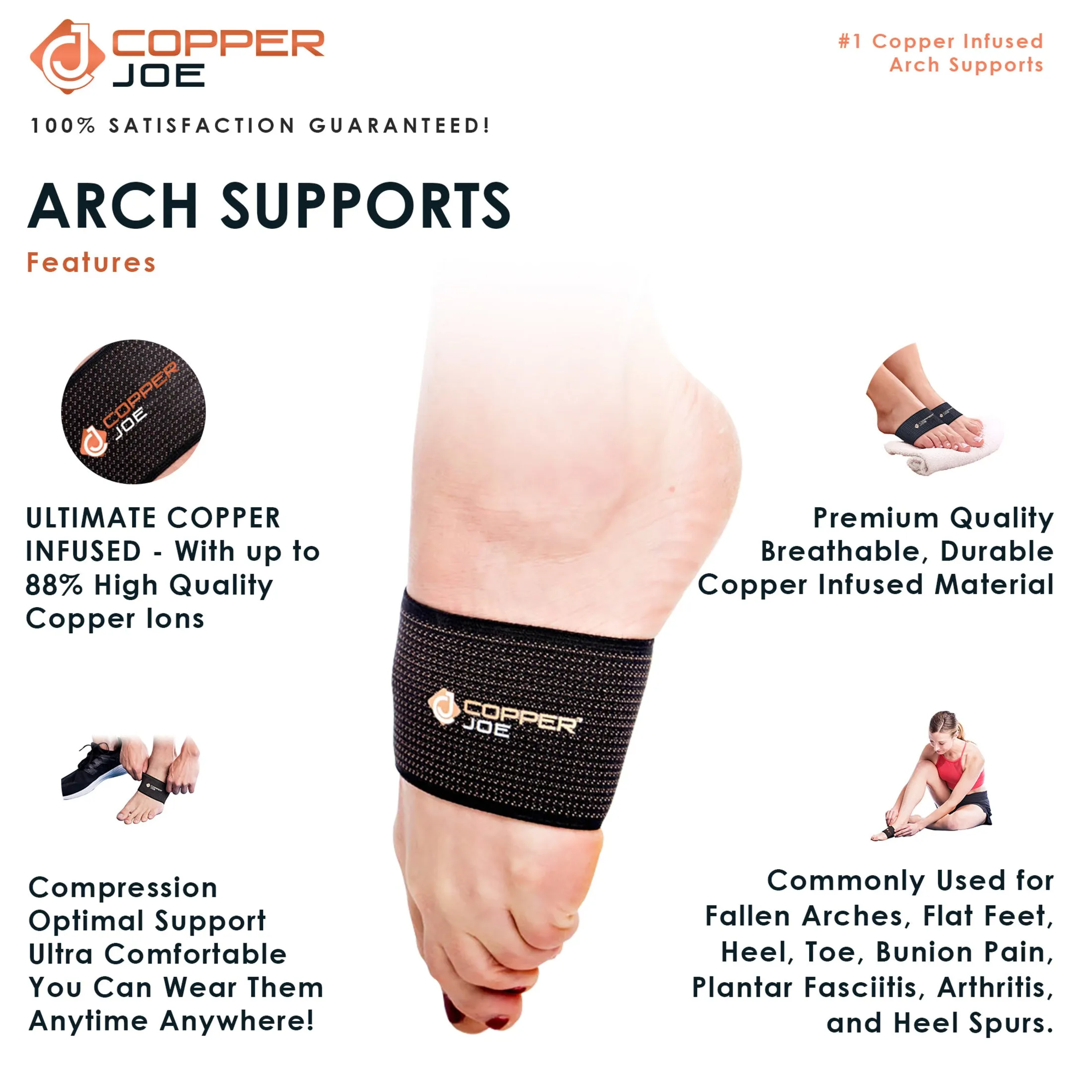 Copper Joe Ultimate Copper Infused Arch Support Sleeves - 1 Pair Plantar Fasciitis Support Brace for Flat Arches, Foot Care, Feet Pain and Heel Spurs. For Men and Women