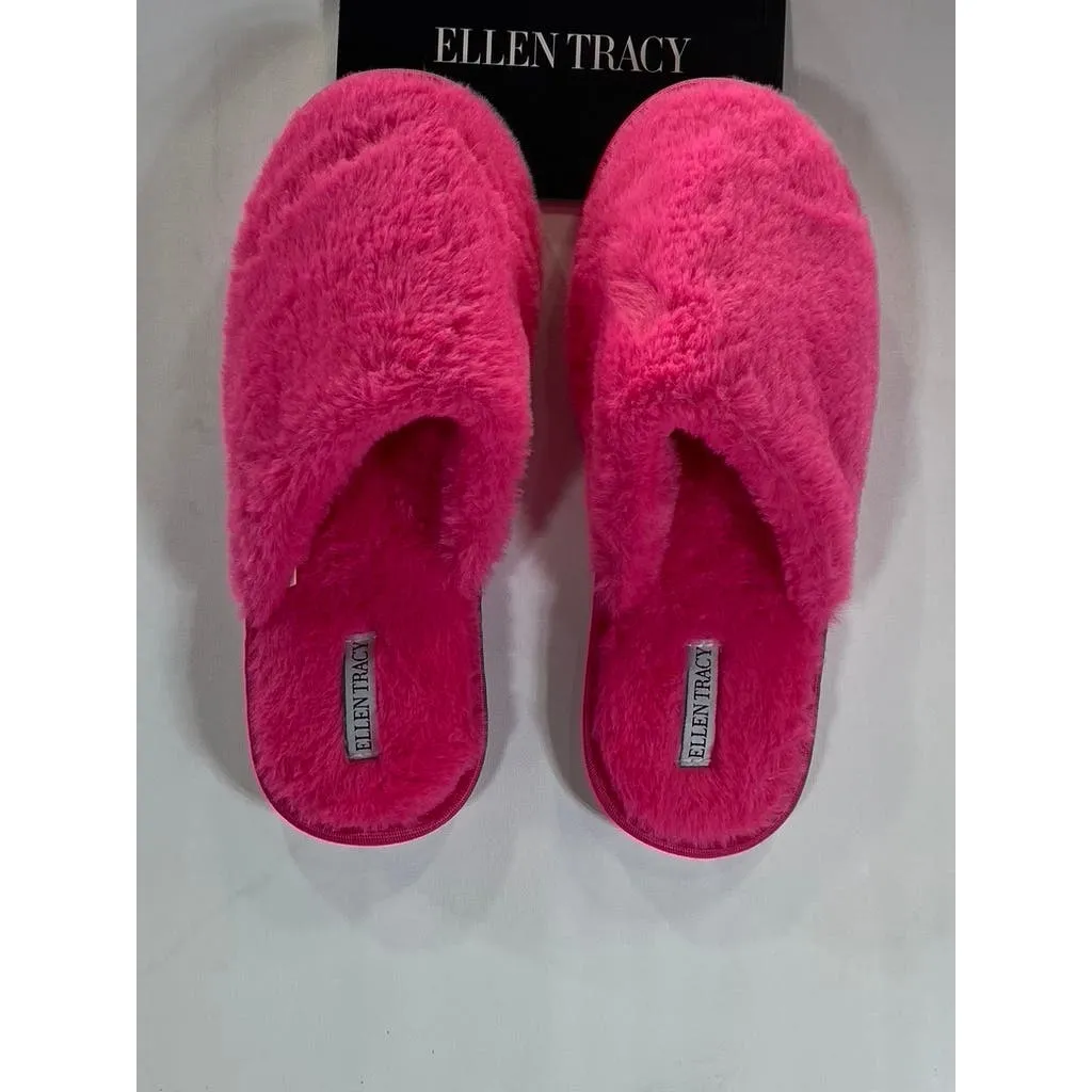 ELLEN TRACY Women's Fuchsia Faux-Fur Comfy Round-Toe Memory Foam Slipper SZ XL