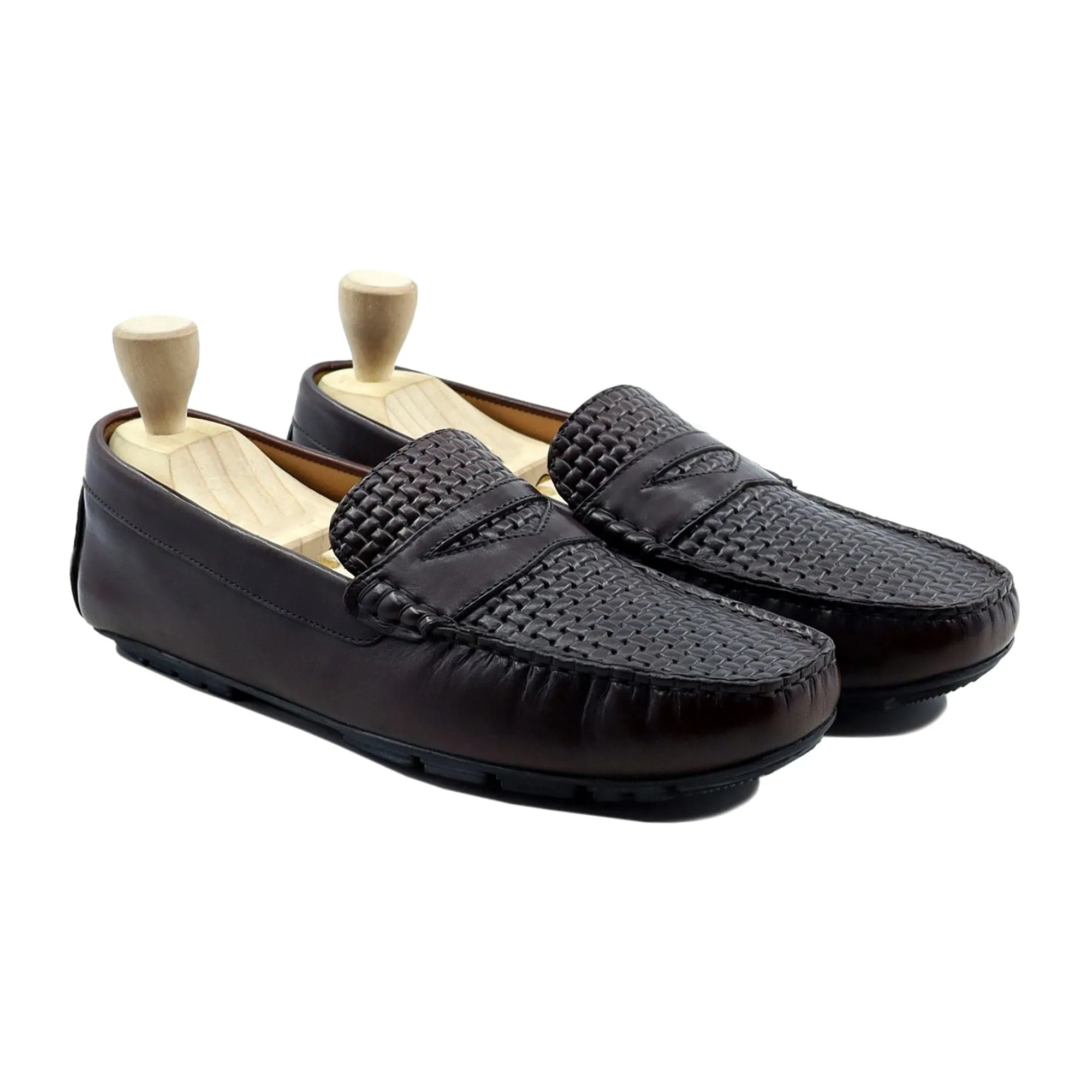 Handmade Custom Dark Brown Hand Woven Calf Leather Driver Mens Loafers