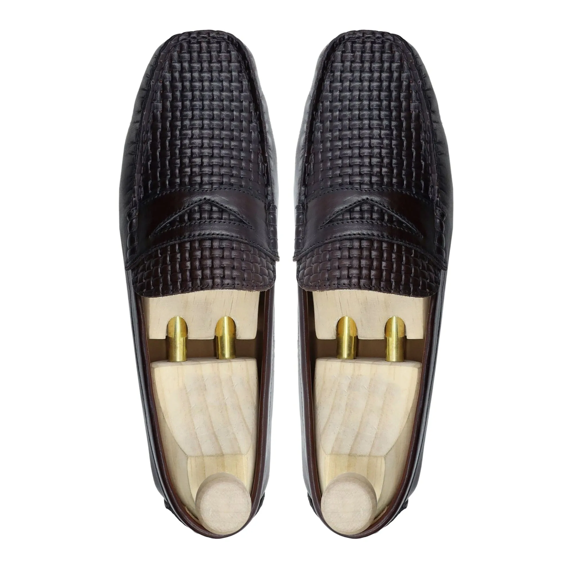 Handmade Custom Dark Brown Hand Woven Calf Leather Driver Mens Loafers