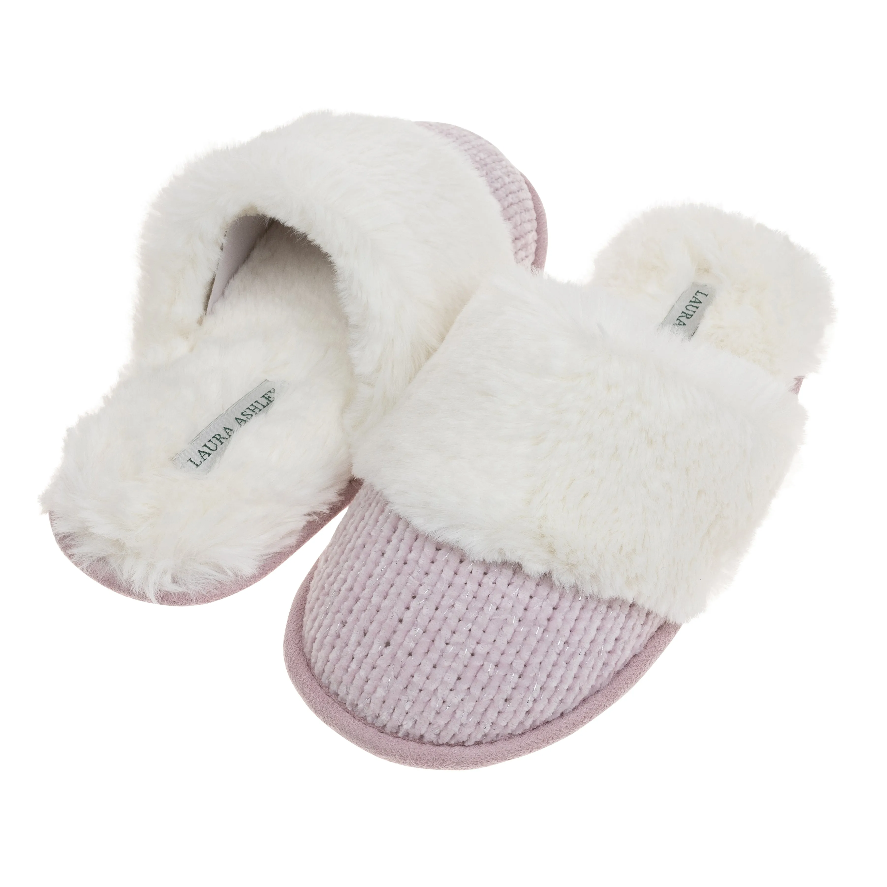 Laura Ashley Ladies Chenille & Faux Fur Scuff W/ Memory Foam Slippers
