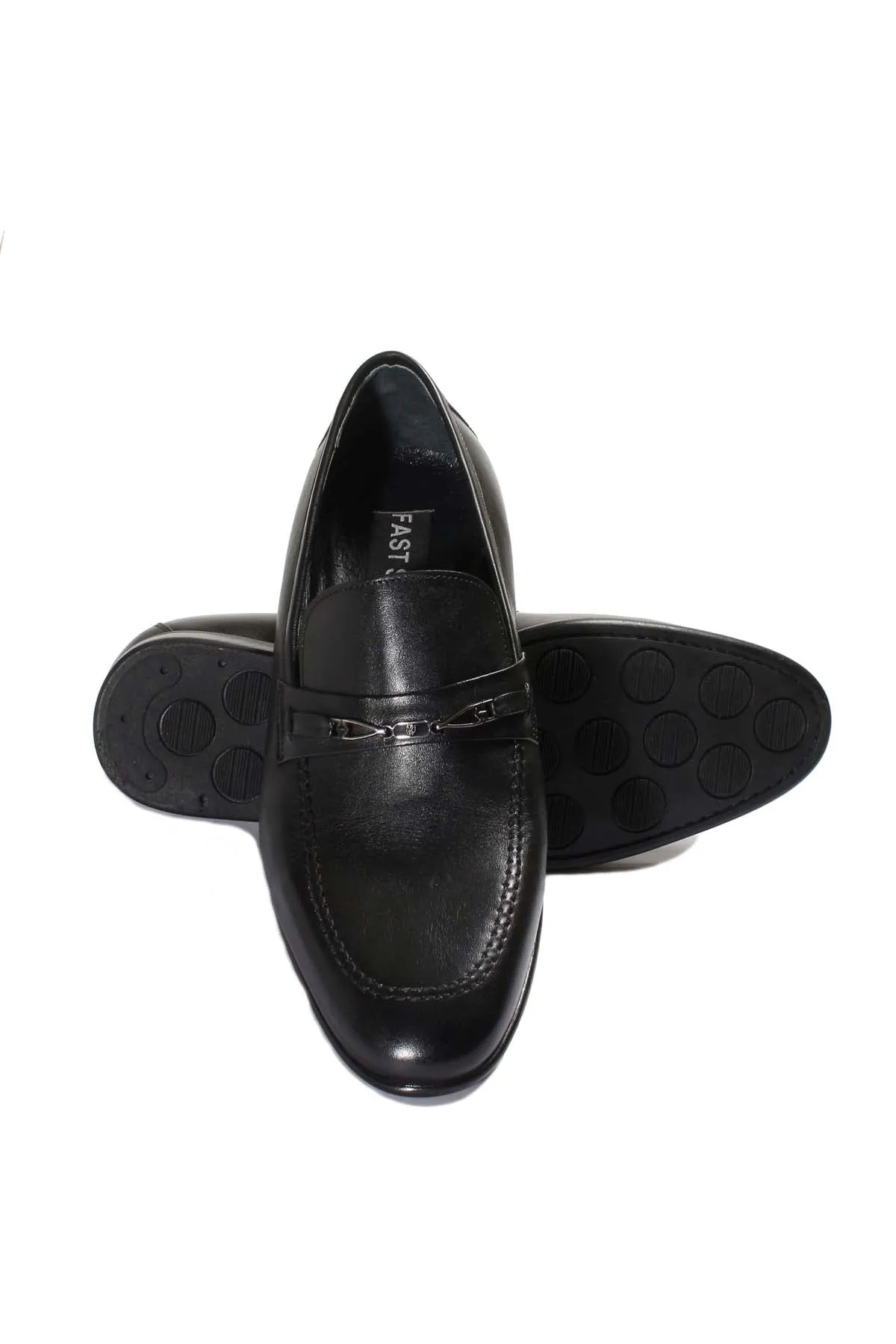 Men's Black Leather Loafers with Decorative Metal Accent - Wessi