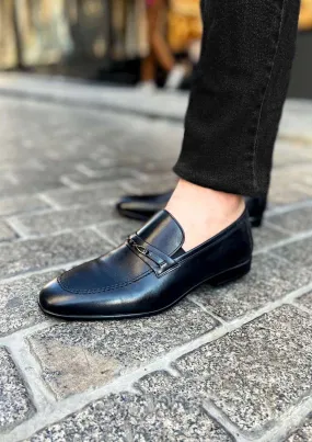 Men's Black Leather Loafers with Decorative Metal Accent - Wessi