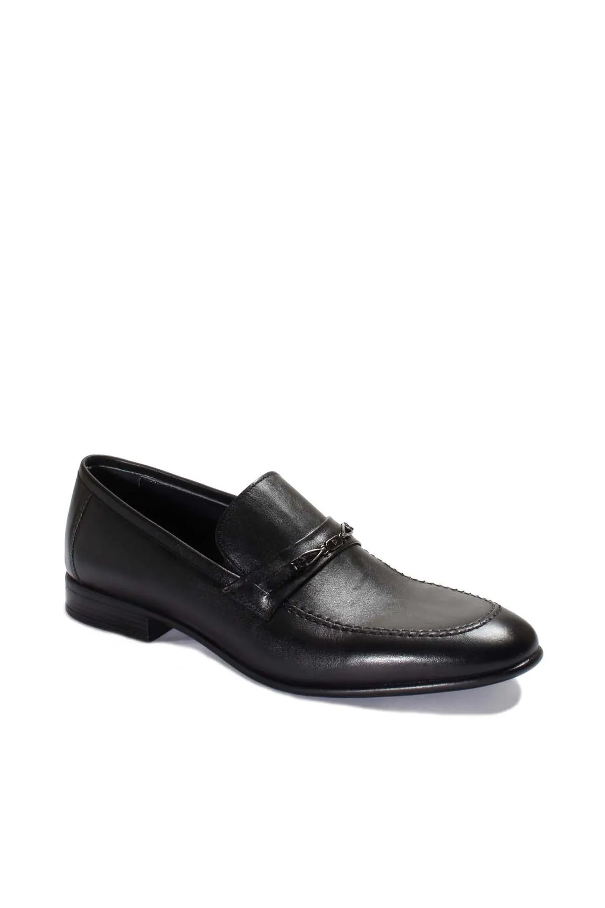 Men's Black Leather Loafers with Decorative Metal Accent - Wessi