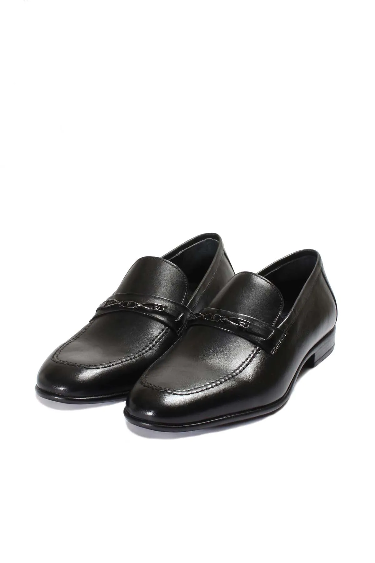 Men's Black Leather Loafers with Decorative Metal Accent - Wessi