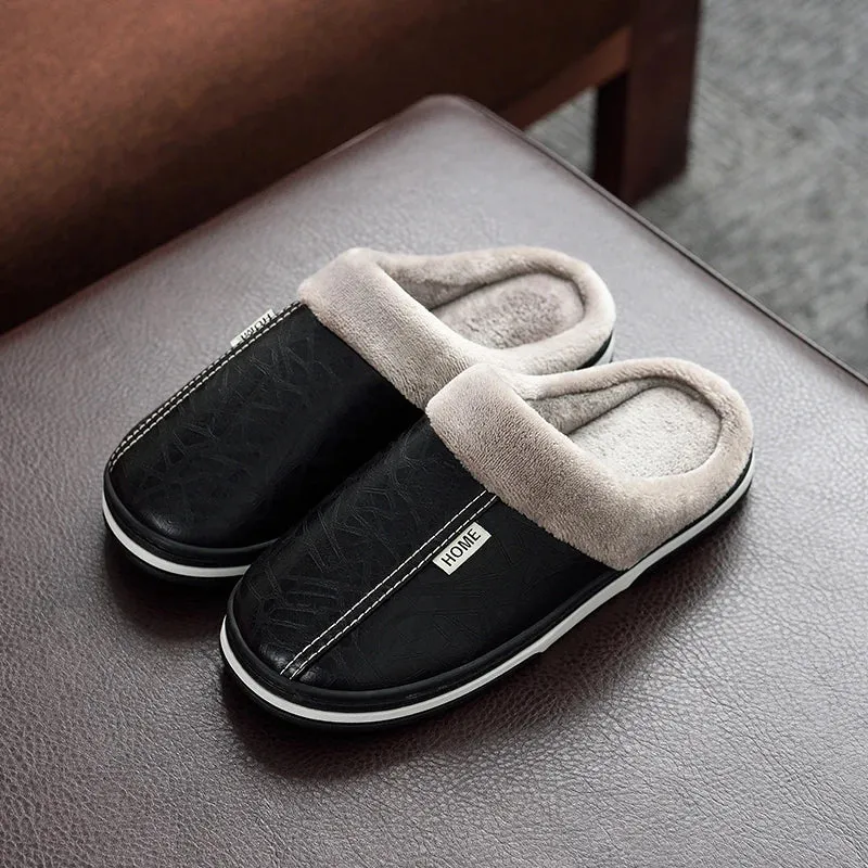 Winter Home Slippers for Men Memory Foam Massage House Slippers With Fur PU Leather Waterproof Indoor Male slipper