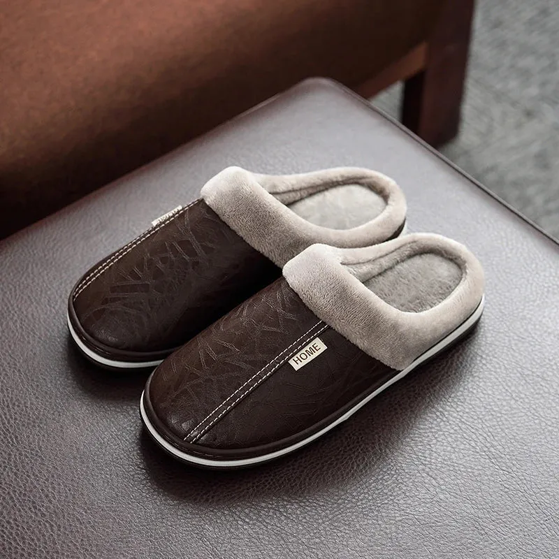 Winter Home Slippers for Men Memory Foam Massage House Slippers With Fur PU Leather Waterproof Indoor Male slipper