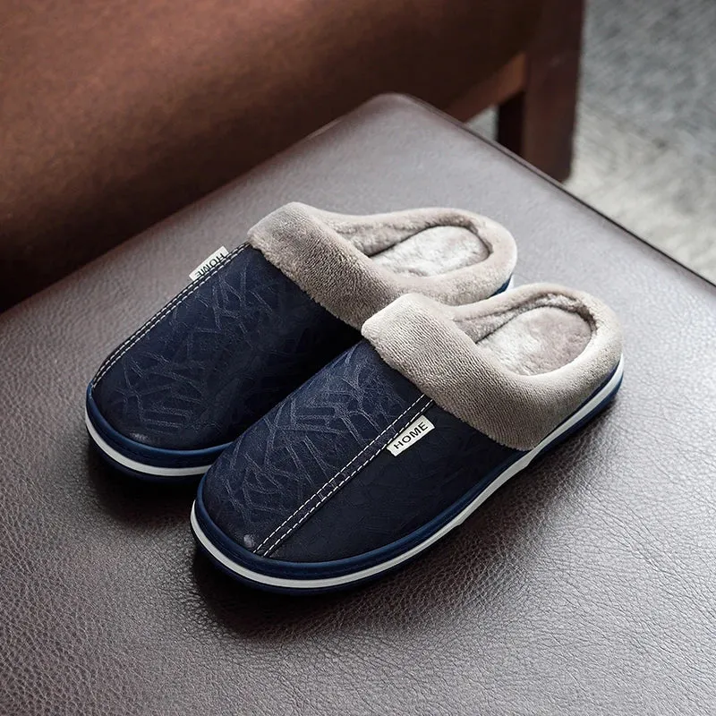 Winter Home Slippers for Men Memory Foam Massage House Slippers With Fur PU Leather Waterproof Indoor Male slipper